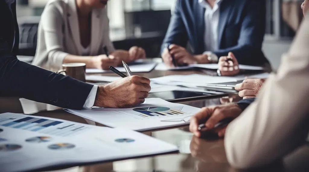 Un equipo de personas trabajando en una mesa, revisando gráficos financieros y firmando documentos.