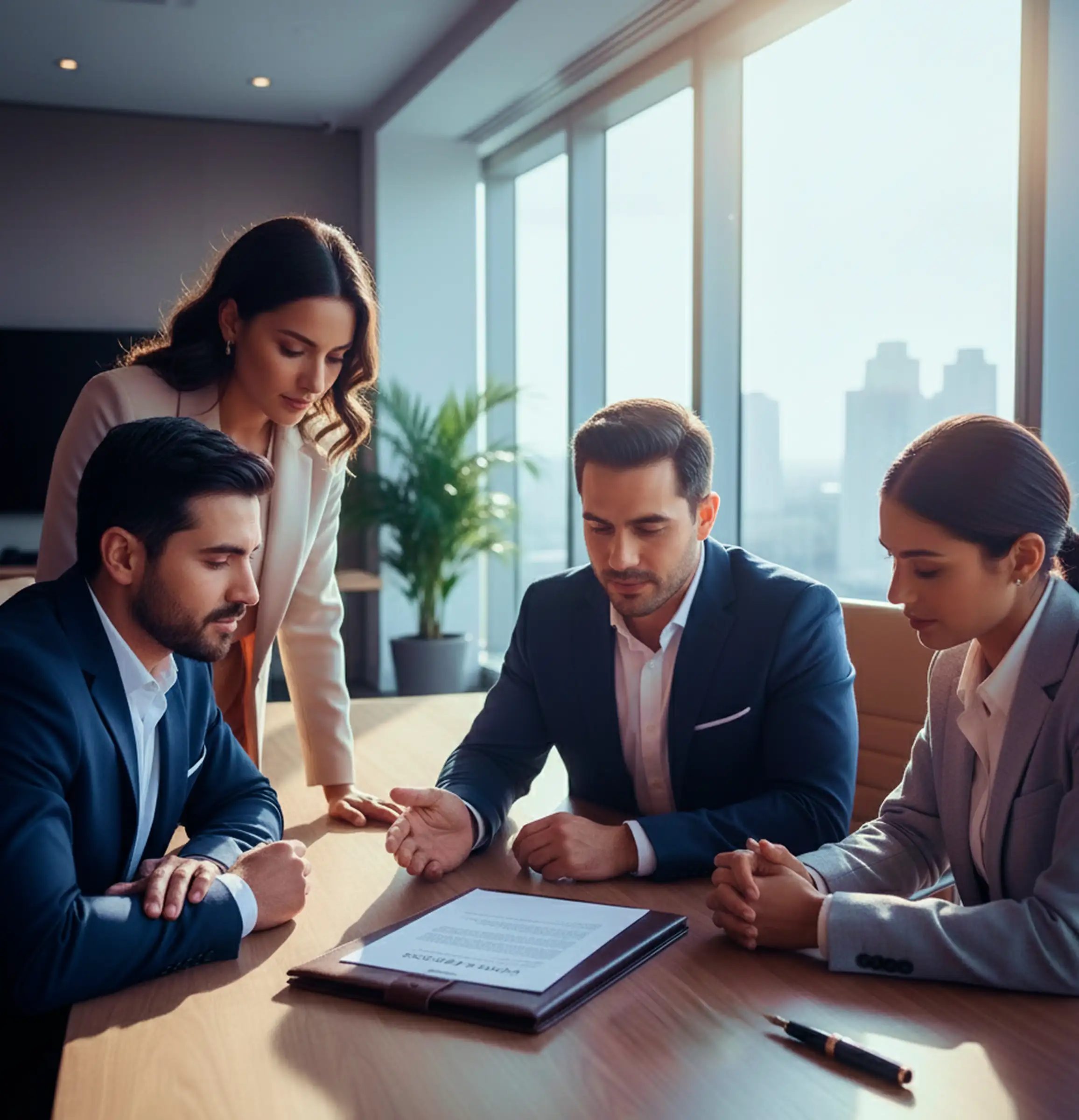 Un equipo de personas trabajando en una mesa y revisando gráficos.